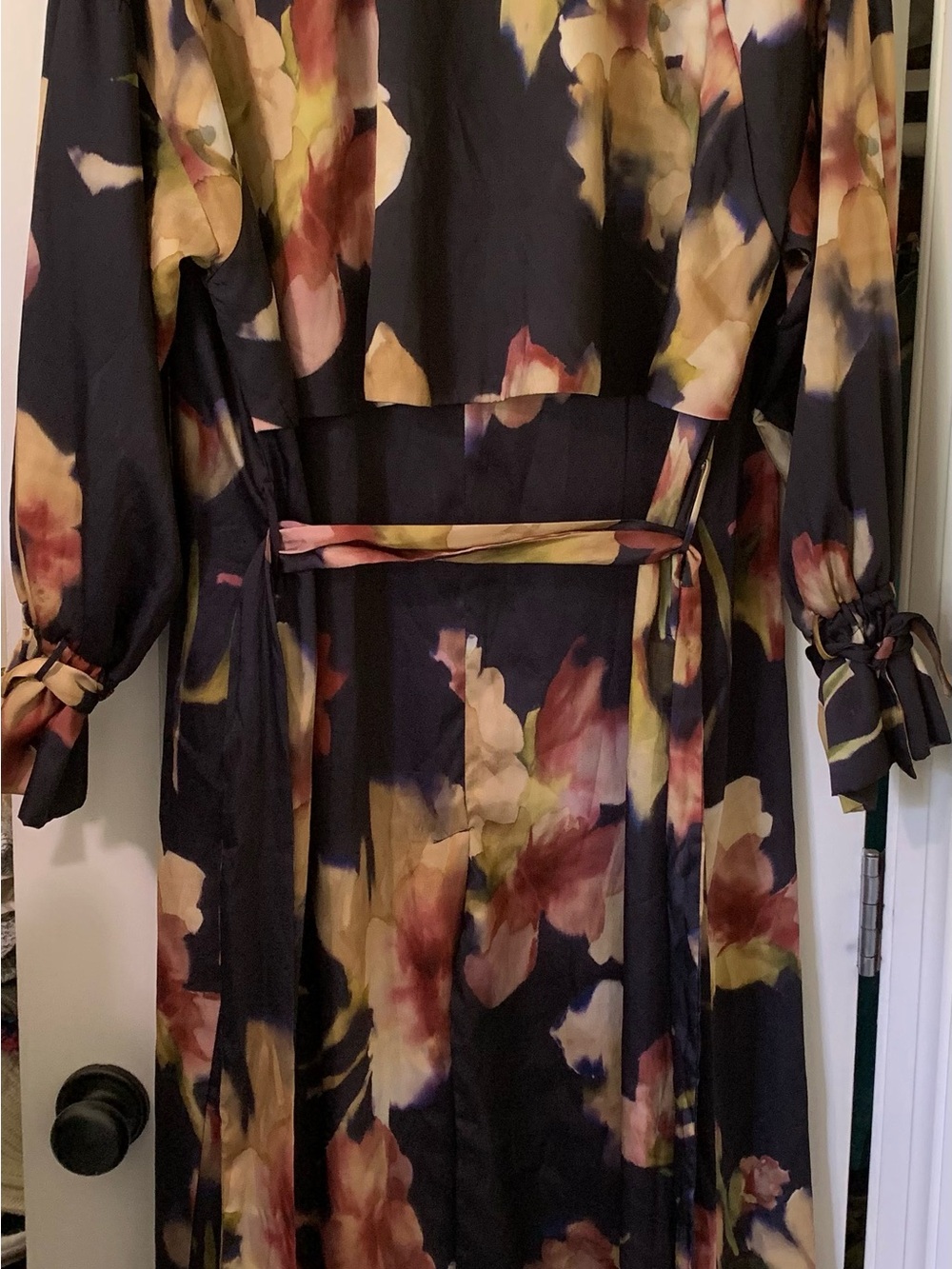 Zara Accessories WrapTrench Coat Duster Tie Sleeve Deep Blue Black AbstractPrint - Picture 15 of 16
